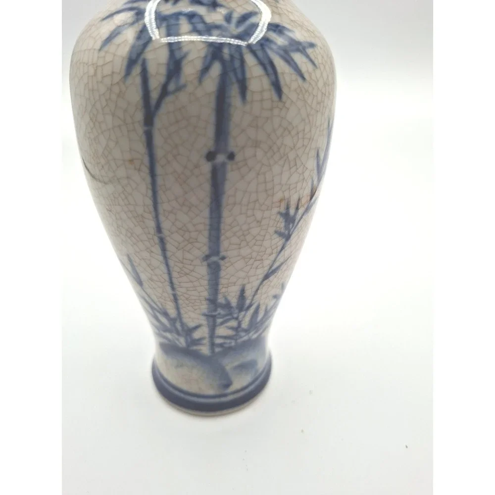Blue and White Chinese  Bamboo Crackle Glaze Ceramic Bud Vase Vintage Style